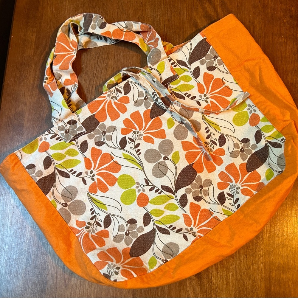 Body Shop retro orange floral tote bag lined